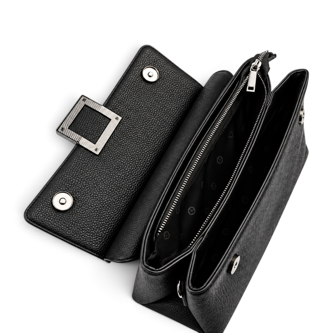 ada-shoes.ro Epica black leather handbag with open flap, magnetic closure, and internal zippered compartments