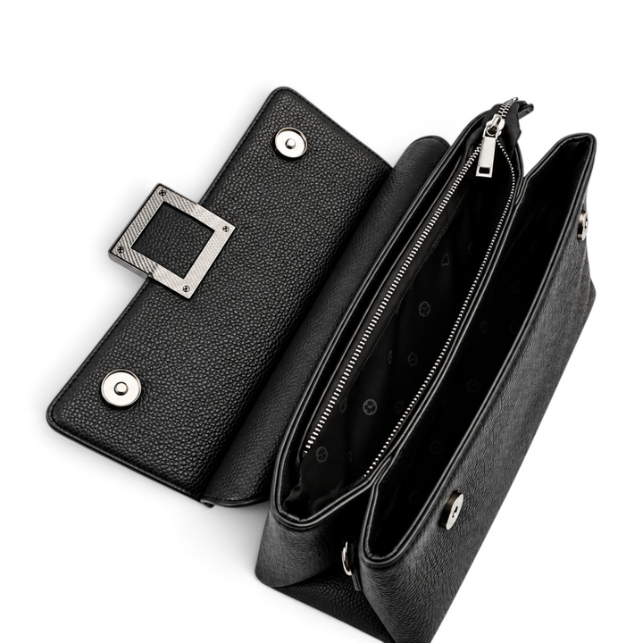 ada-shoes.ro Epica black leather handbag with open flap, magnetic closure, and internal zippered compartments