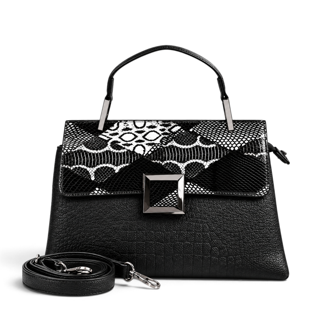 ada-shoes.ro Epica black leather handbag with snake print flap, square metal buckle, and detachable shoulder strap