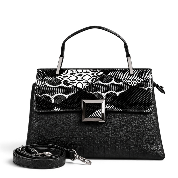 ada-shoes.ro Epica black leather handbag with snake print flap, square metal buckle, and detachable shoulder strap
