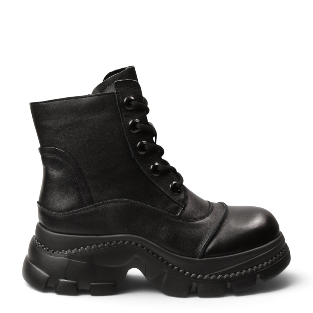 ada-shoes.ro black leather casual ankle boots for women with lace-up front, side zipper, and chunky lug sole