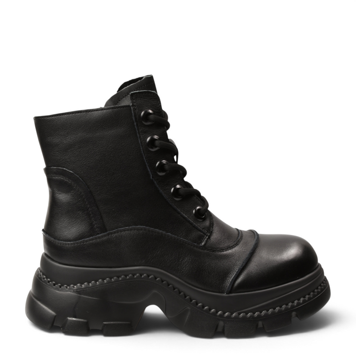 ada-shoes.ro black leather casual ankle boots for women with lace-up front, side zipper, and chunky lug sole