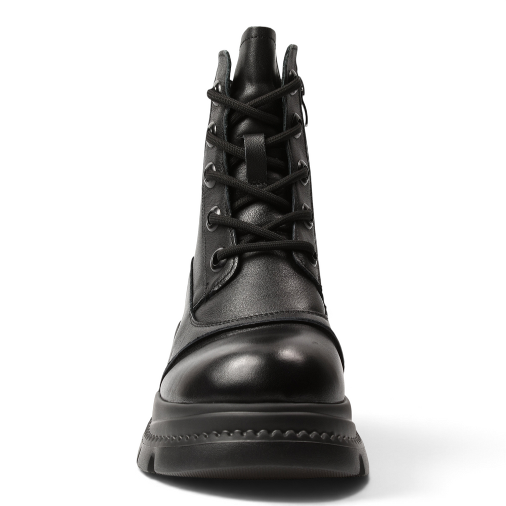 ada-shoes.ro black leather casual boots for women with laces and side zipper, front view