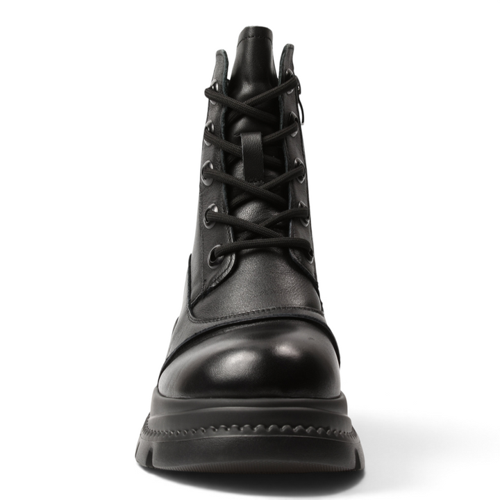 ada-shoes.ro black leather casual boots for women with laces and side zipper, front view