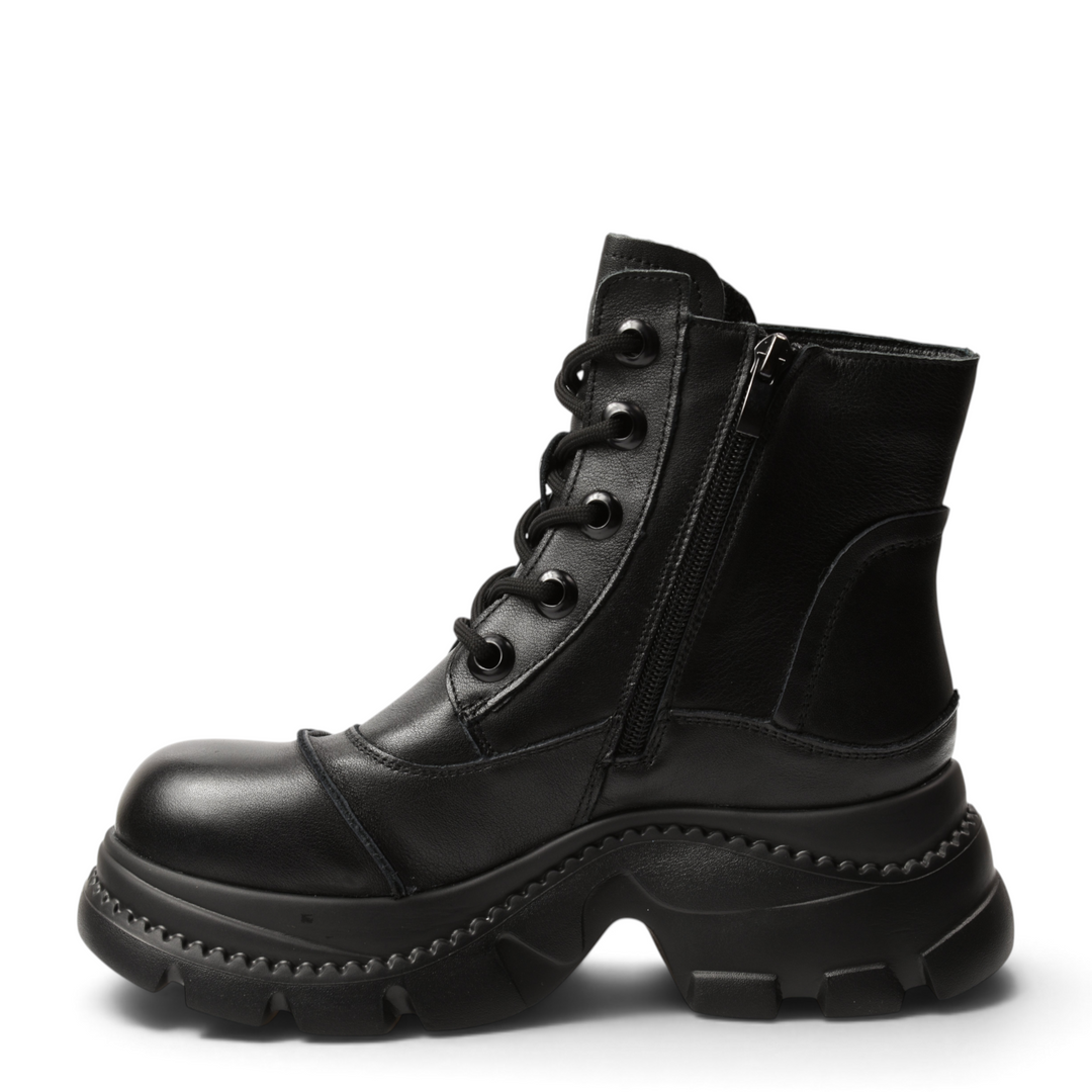 ada-shoes.ro black leather casual ankle boots with laces, side zipper, and a chunky flexible lug sole