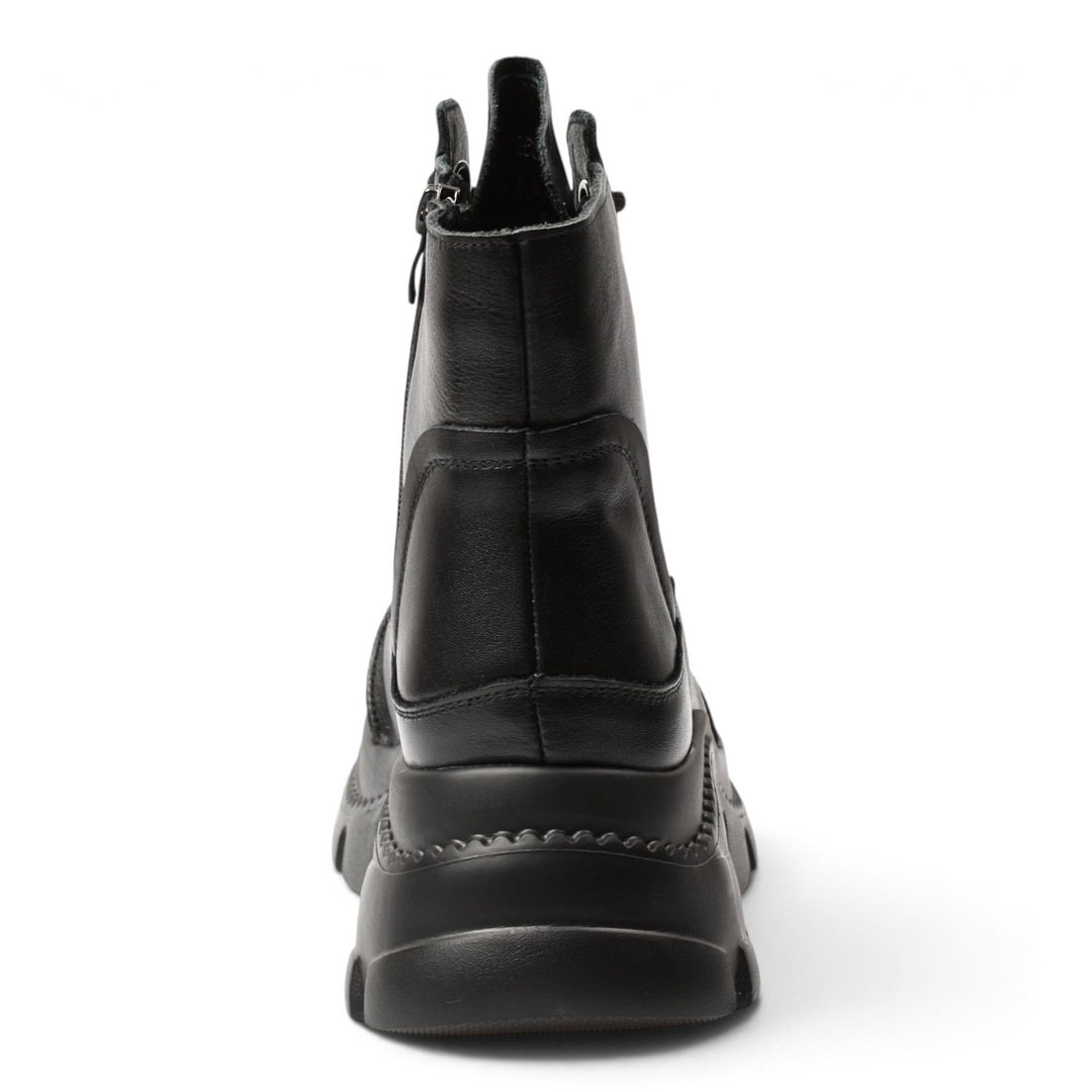 Back view of black leather casual boots by ada-shoes.ro featuring a chunky flexible sole and side zipper detail.