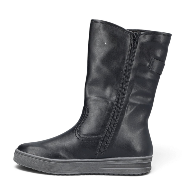 ada-shoes.ro Rieker mid-calf black synthetic leather boots with side zipper, faux fur lining, and grey platform sole