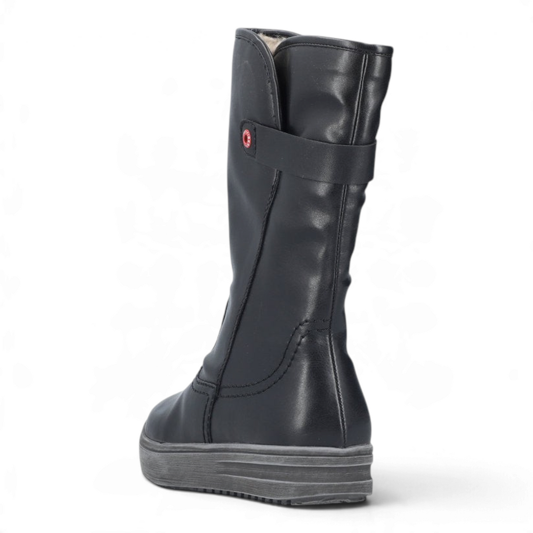 ada-shoes.ro black mid-calf Rieker boots with faux fur lining, side zipper, and red logo detail on a grey platform sole