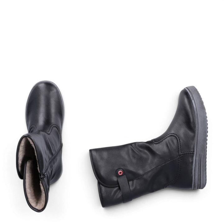 ada-shoes.ro Rieker mid-calf black faux leather winter boots with warm synthetic fur lining and grey platform sole