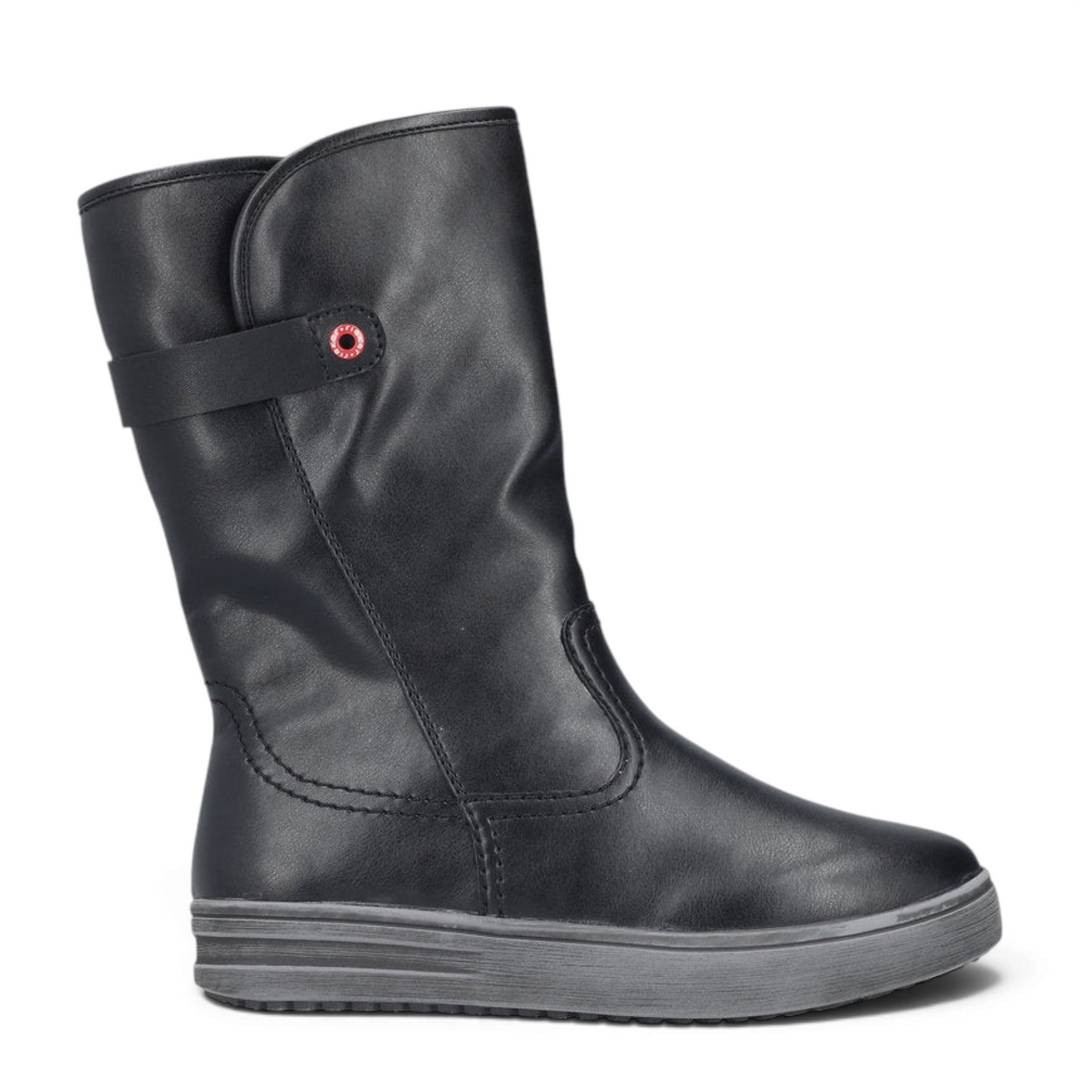 ada-shoes.ro Rieker mid-calf black faux leather boots with warm synthetic fur lining and grey platform sole.