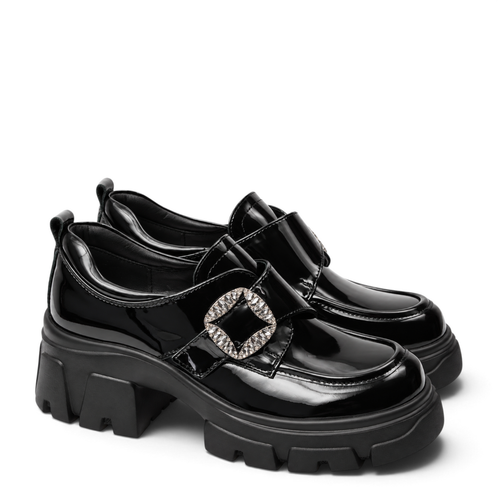 ada-shoes.ro Pass Collection black patent leather casual shoes with a decorative crystal buckle and chunky lug sole.