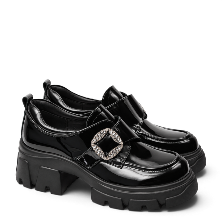 ada-shoes.ro Pass Collection black patent leather casual shoes with a decorative crystal buckle and chunky lug sole.