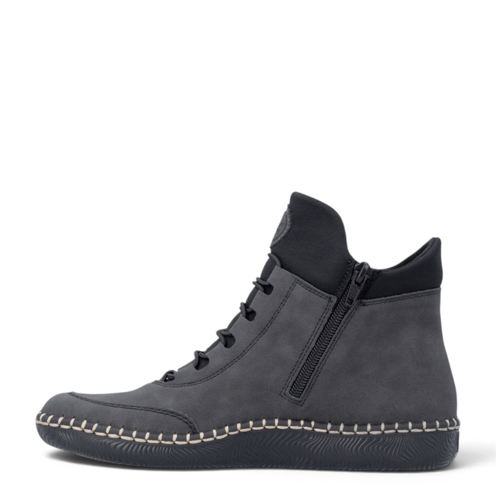 ada-shoes.ro Rieker grey sport-casual ankle boots with felt lining, side zipper, and decorative stitching