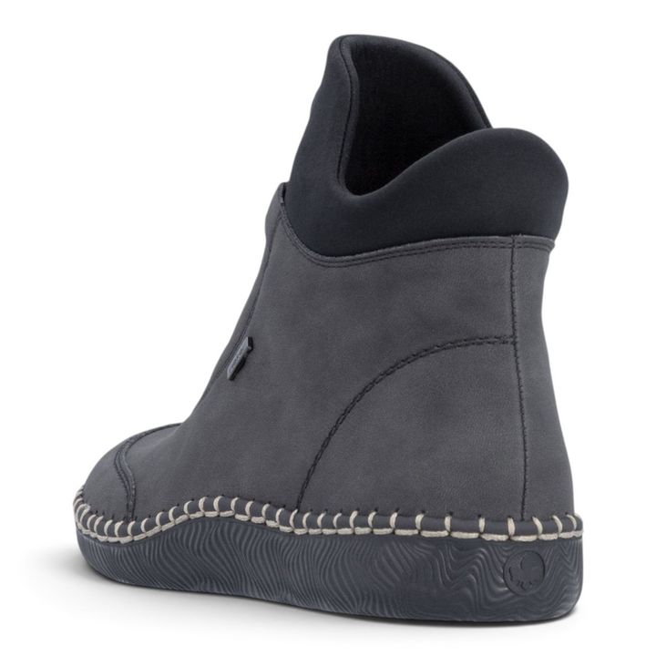 ada-shoes.ro Rieker grey sport-casual ankle boots with nubuck-effect finish and decorative stitching, rear view.