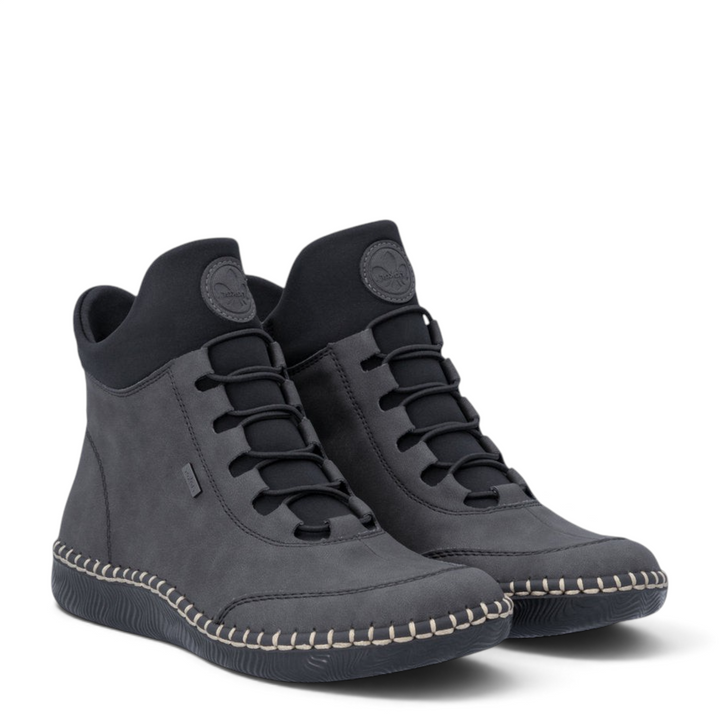 ada-shoes.ro Rieker grey sport-casual ankle boots with felt lining, elastic laces, and decorative stitching.