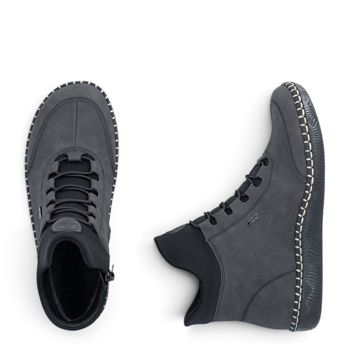 ada-shoes.ro Rieker grey sport-casual ankle boots with felt lining, side zipper, and elastic laces for women.