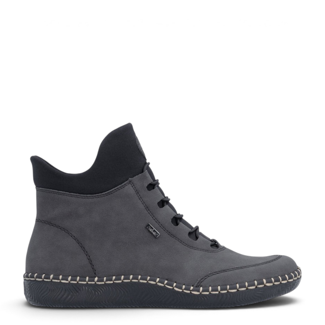 ada-shoes.ro Rieker grey sport-casual ankle boots with felt lining, elastic laces, and decorative stitching