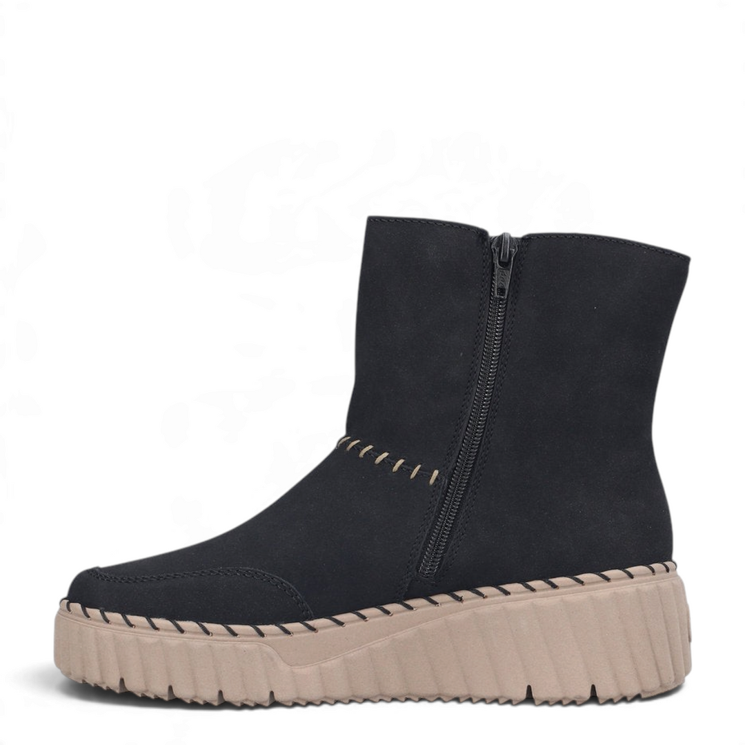 ada-shoes.ro Rieker black ankle boots with beige platform sole, side zipper, and decorative hand-stitched details.
