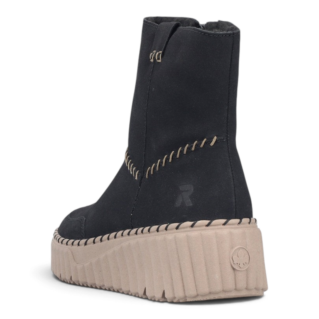ada-shoes.ro Rieker black ankle boots with beige platform sole and decorative hand-stitched details
