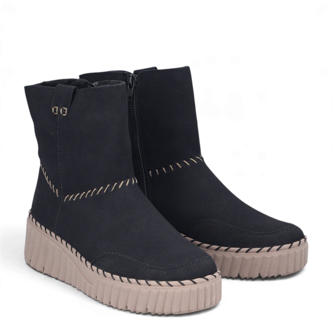 ada-shoes.ro Rieker black faux leather ankle boots with beige platform sole and decorative hand-stitched detailing