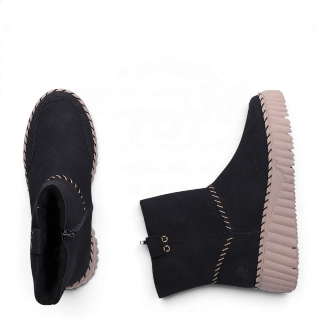 ada-shoes.ro black Rieker ankle boots with beige platform sole and decorative hand-stitched detailing