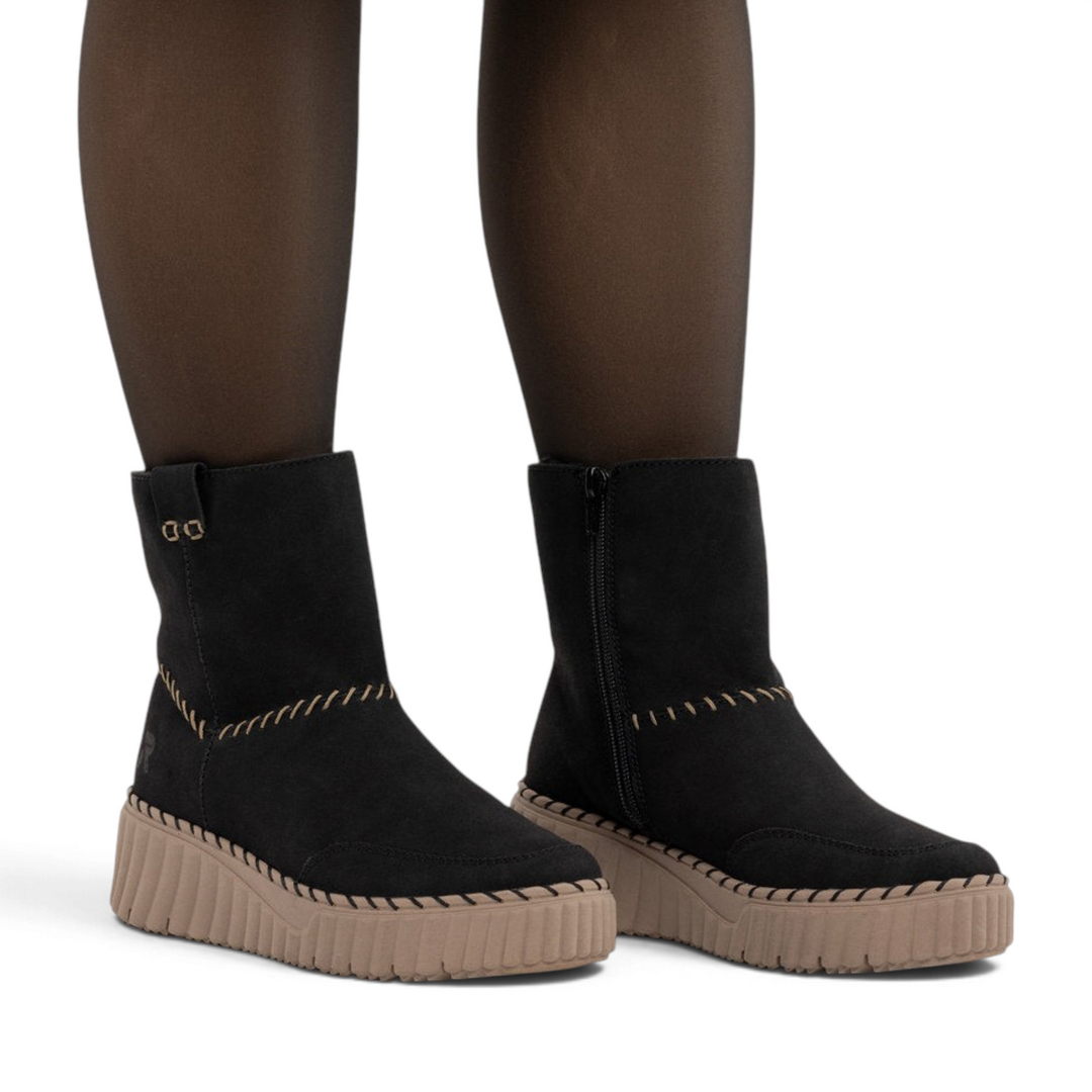 ada-shoes.ro Rieker black faux suede ankle boots with beige platform sole and decorative hand-stitched details