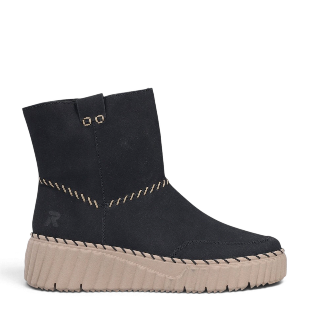 ada-shoes.ro Rieker black ankle boots with beige platform sole and decorative hand-stitched details