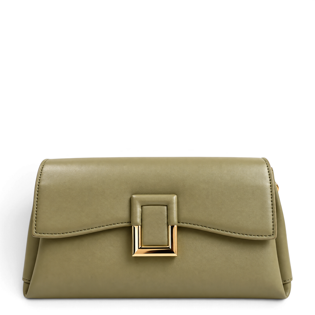 ada-shoes.ro Epica khaki faux leather handbag with a rectangular gold metallic magnetic clasp closure.