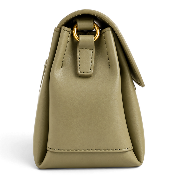 Side view of an ada-shoes.ro Epica khaki faux leather handbag with gold metal hardware and adjustable strap rings.