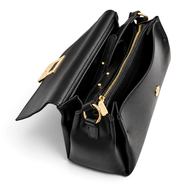 ada-shoes.ro Epica black faux leather handbag with gold metal hardware, open top view showing interior compartments.