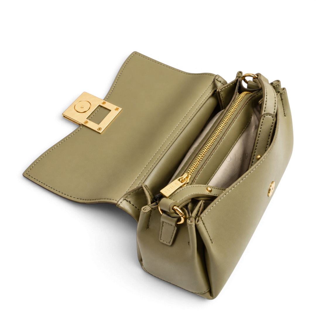 ada-shoes.ro Epica olive green faux leather handbag with gold metal clasp and zippered interior compartment