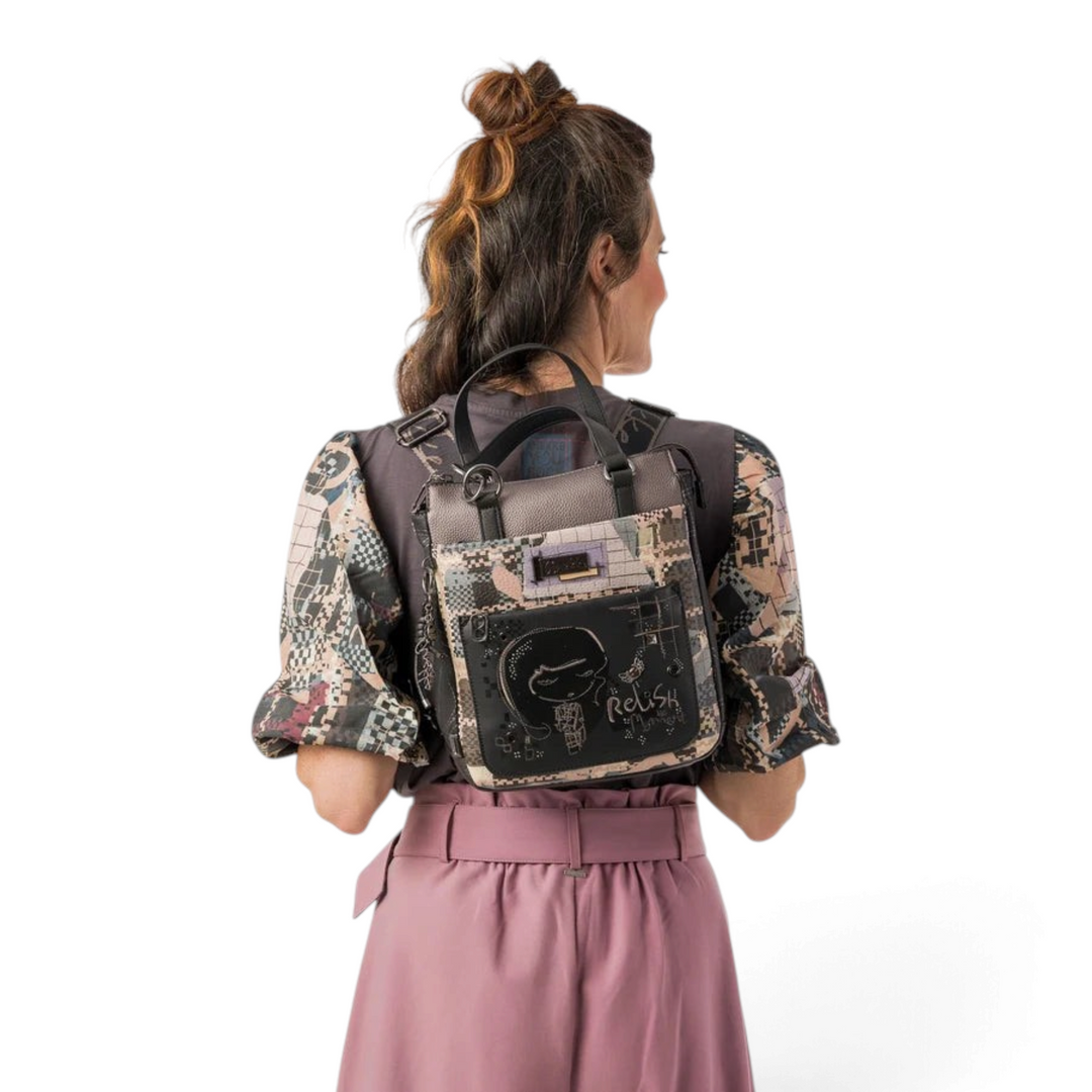 Woman wearing an Anekke convertible backpack with geometric mosaic print and metallic details from ada-shoes.ro