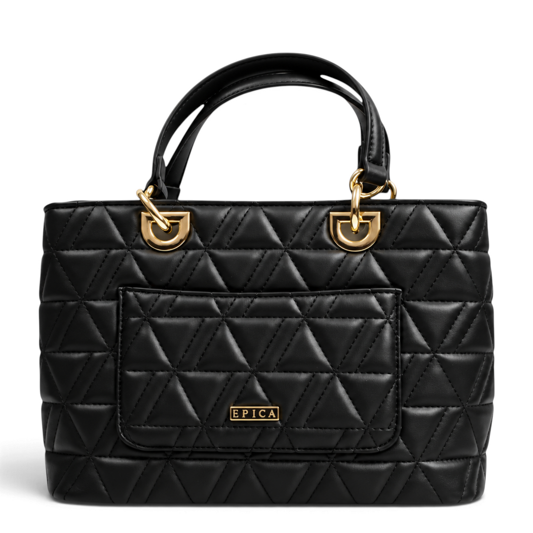ada-shoes.ro Epica black quilted faux leather handbag with geometric triangle pattern and gold metal hardware