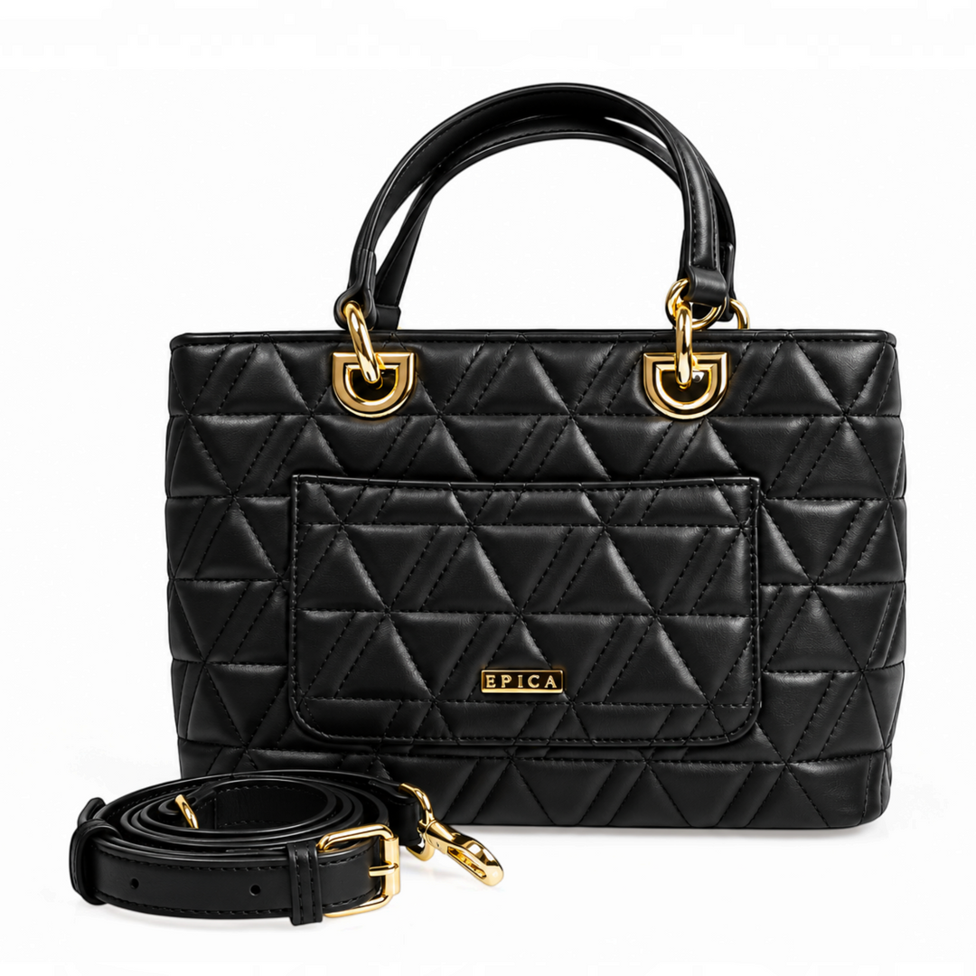 ada-shoes.ro Epica black quilted faux leather handbag with gold hardware, triangular stitching, and shoulder strap