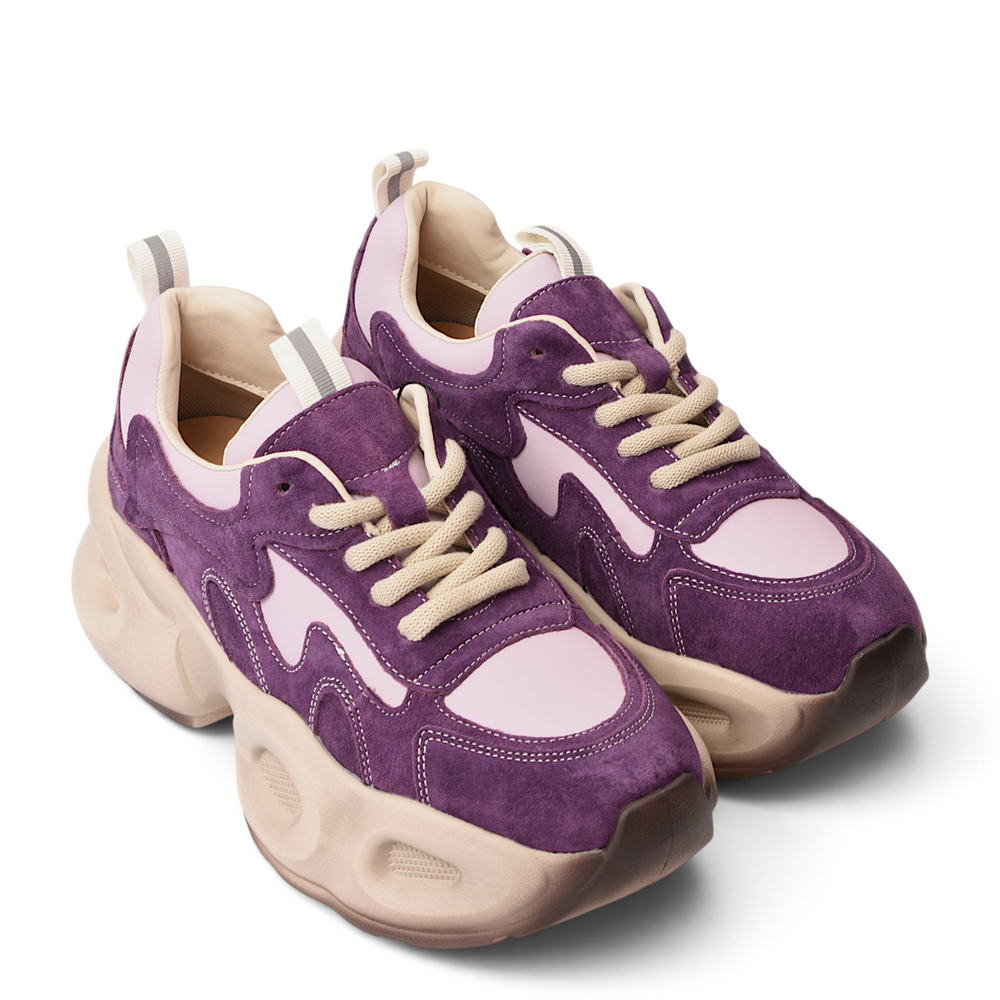 ada-shoes.ro Franco Gerardo purple suede and textile sneakers with a chunky beige platform sole and lace-up closure.