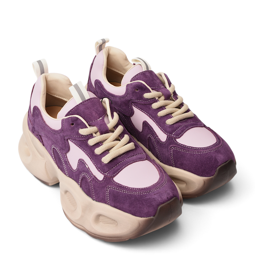 ada-shoes.ro Franco Gerardo purple suede and textile sneakers with a chunky beige platform sole and lace-up closure.