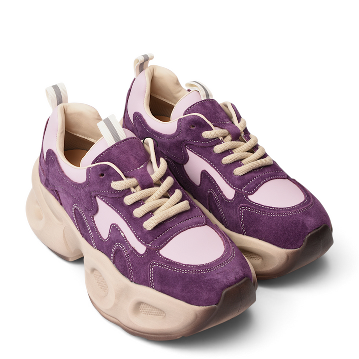ada-shoes.ro Franco Gerardo purple suede and textile sneakers with a chunky beige platform sole and lace-up closure.