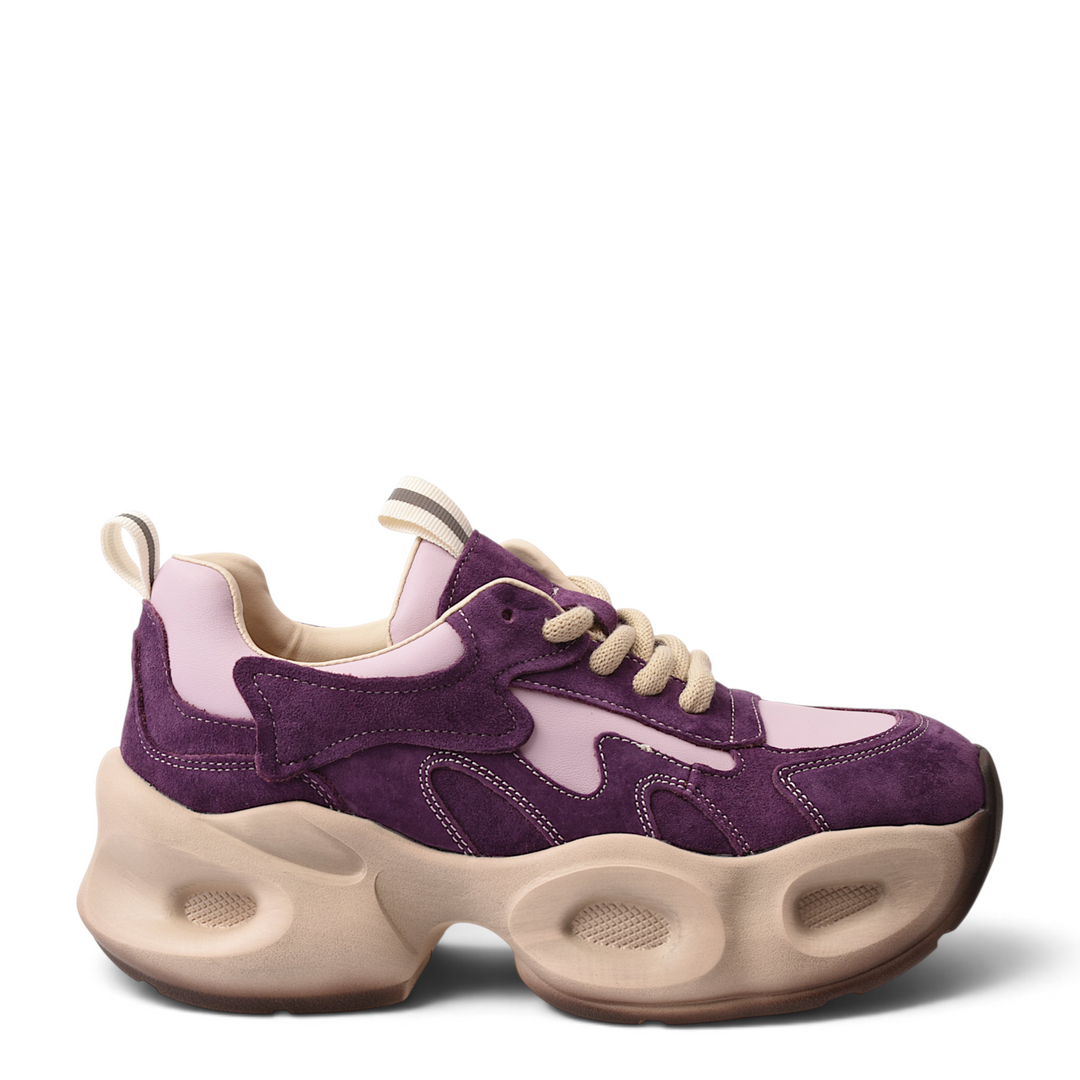 ada-shoes.ro Franco Gerardo purple suede and textile sneakers with a chunky beige platform sole and lace-up closure.