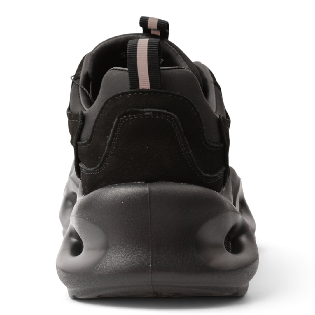 ada-shoes.ro Franco Gerardo black suede chunky sneakers with a sculptural sole and heel pull tab, rear view