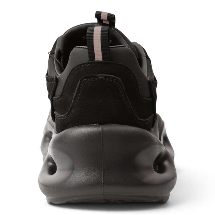 ada-shoes.ro Franco Gerardo black suede chunky sneakers with a sculptural sole and heel pull tab, rear view