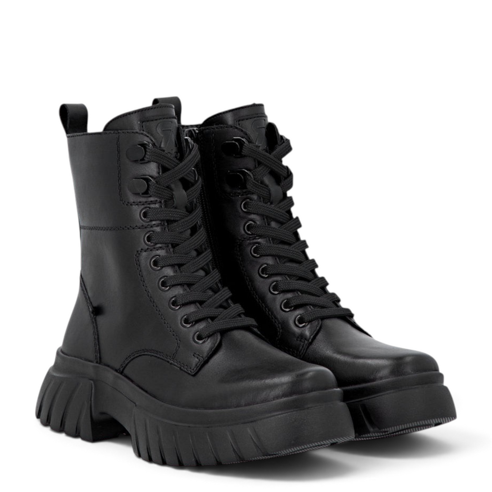 ada-shoes.ro Rieker black leather chunky casual boots with front laces and side zipper for women