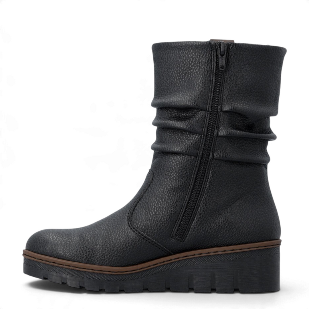 ada-shoes.ro Rieker black slouchy mid-calf boots with textured synthetic leather and thick contrast sole