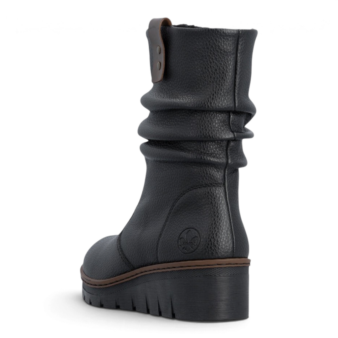 ada-shoes.ro Rieker black slouchy mid-calf boots with textured faux leather, thick sole, and brown decorative details