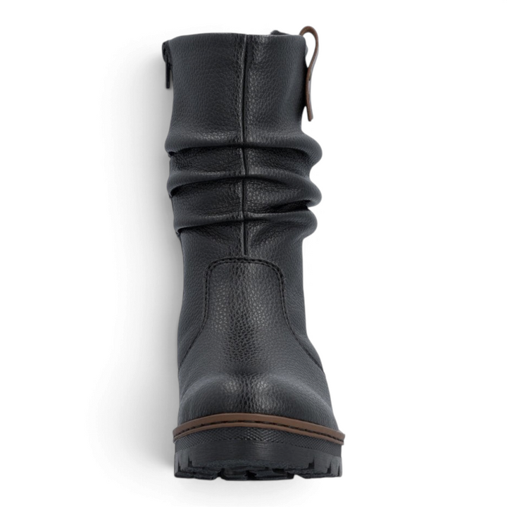 ada-shoes.ro Rieker slouchy black faux leather mid-calf boots with brown sole detail and side zipper