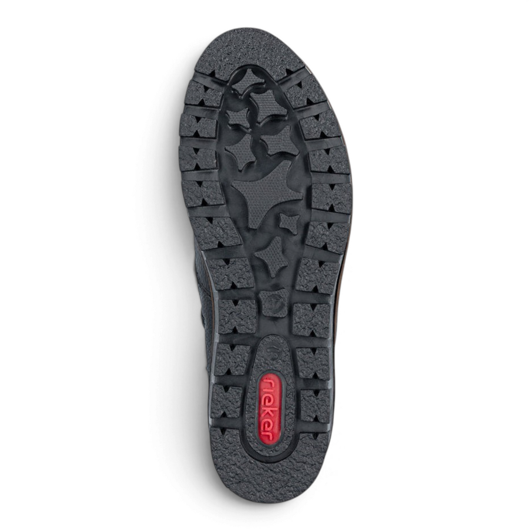 ada-shoes.ro Rieker black boot sole with textured tread pattern and red logo detail for anti-stress comfort