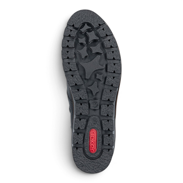 ada-shoes.ro Rieker black boot sole with textured tread pattern and red logo detail for anti-stress comfort