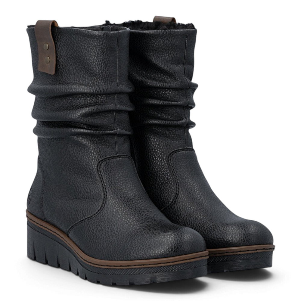 ada-shoes.ro Rieker slouchy black faux leather mid-calf boots with warm lining and thick contrast sole