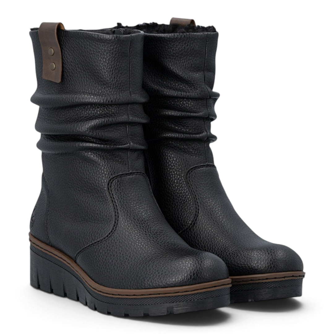 ada-shoes.ro Rieker slouchy black faux leather mid-calf boots with warm lining and thick contrast sole