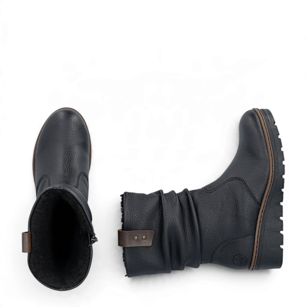 ada-shoes.ro Rieker black slouchy boots in grained faux leather with warm lining and thick sole for winter comfort