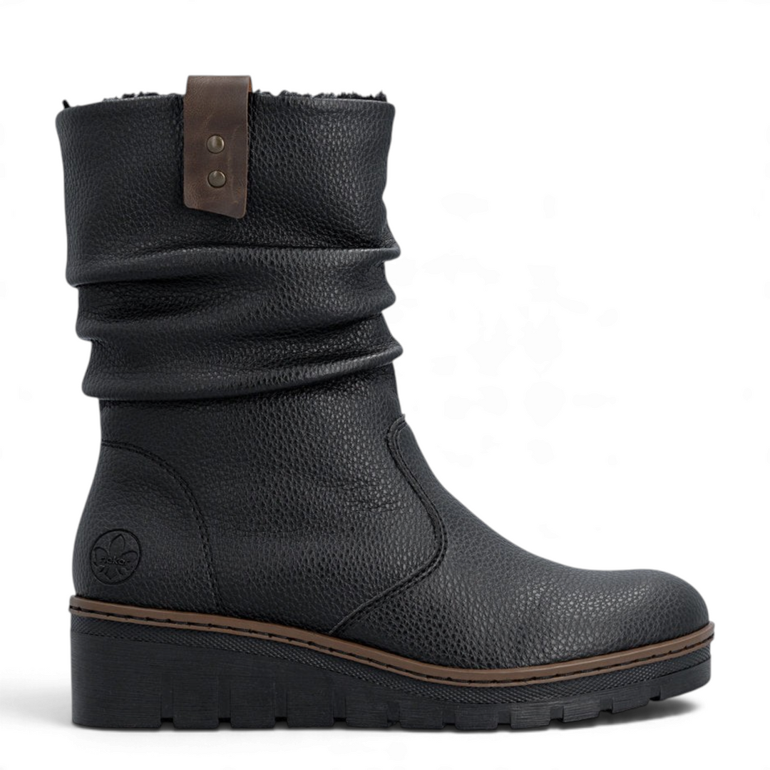 ada-shoes.ro Rieker black slouchy mid-calf boots in grained synthetic leather with brown trim and thick sole